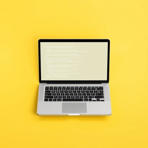 Create a minimalist illustration of a laptop on a solid yellow background displaying multiple code snippets in black and white, captured with a Canon EOS R5, lens: 24-70mm f/2.8, aperture f/8, shutter speed 1/125s, ISO 100, top-down view, flat lay style.