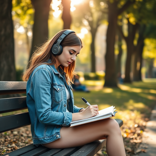 a young woman sitting on a park bench writing in a notebook, wearing headphones, surrounded by nature, soft sunlight filtering through trees, shallow depth of field, f/2.8 aperture, 50mm lens, ISO 100, shot on a DSLR camera, natural daylight, vibrant colors, focus on the subject with a blurred background