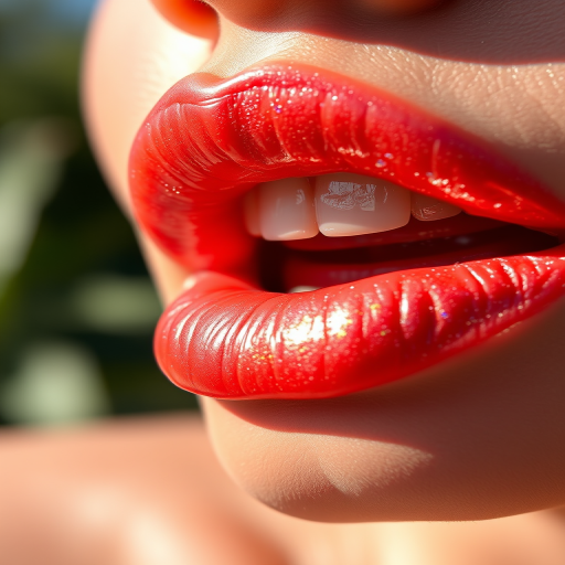 Shimmering coral lips with a metallic sheen, reflecting light beautifully and creating dimension, photographed in natural sunlight to showcase the iridescent finish