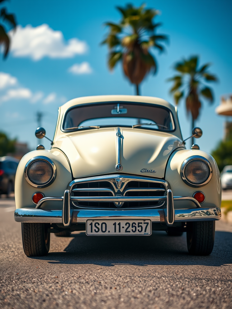 vintage car in front view, sunny day, vibrant colors, 50mm lens, f/2.8 aperture, ISO 100, shallow depth of field, Canon DSLR, high resolution, professional lighting