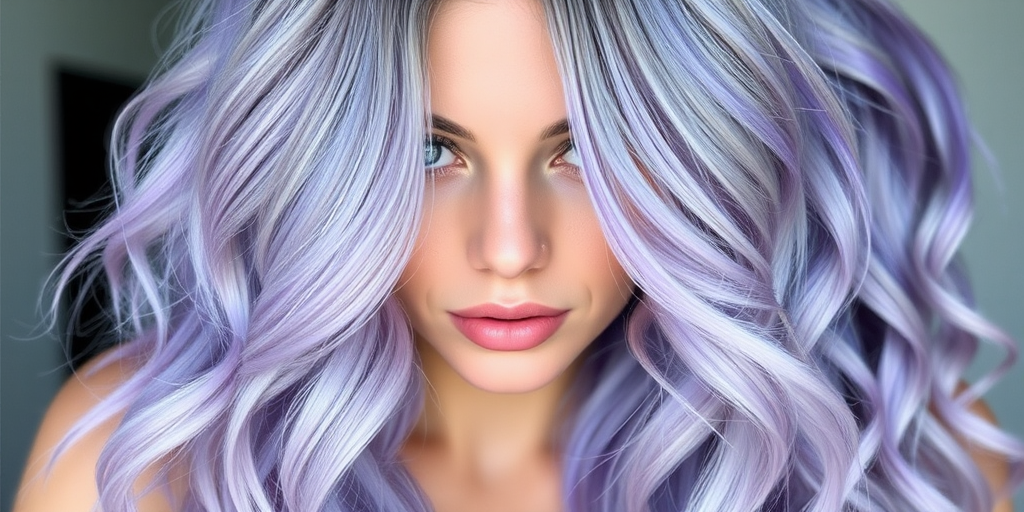 Stunning ombre lavender to silver hair cascades down in beachy waves, framing a delicate face with piercing blue eyes. The "Twilight Mist" style features subtle highlights that shimmer like moonlight on water, creating depth and dimension. Soft tendrils frame the face, while the back is styled in loose, effortless curls that evoke a dreamy, ethereal quality.