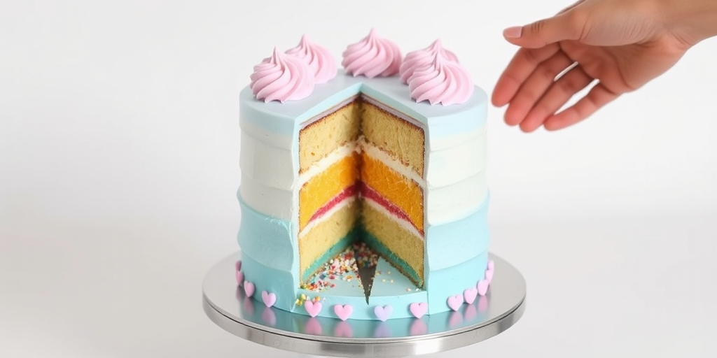 Create an image of a three-layer cake with a light blue frosting and pink frosting swirls on top. The cake is cut to reveal colorful layers inside, decorated with sprinkles and small heart-shaped decorations around the base. A hand is reaching towards the cake, set on a silver cake stand with a clean white background.