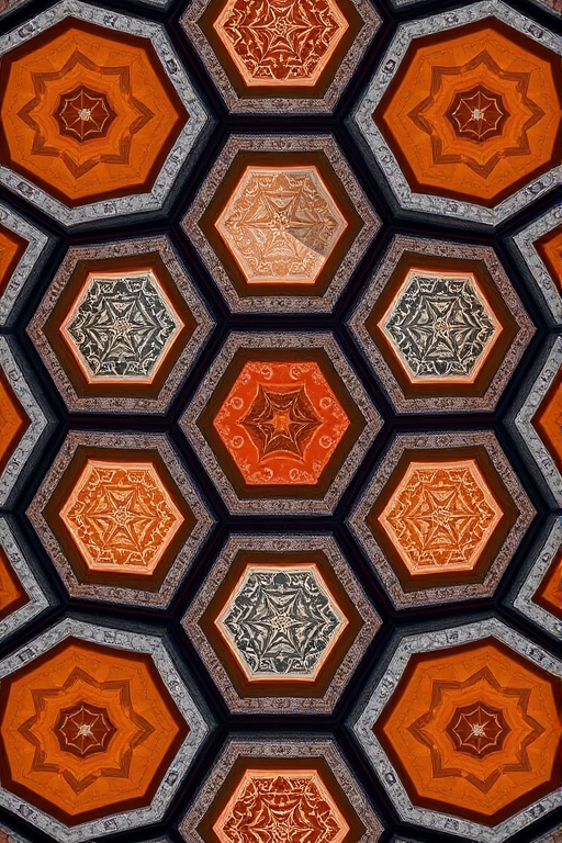 Generate a high-definition image of a geometric pattern featuring octagons in a symmetrical arrangement, using a Canon EOS R5 camera with a 50mm lens, aperture set to f/8, ISO 100, and a focus on sharp detail and vibrant contrast.