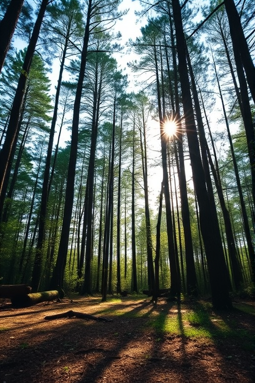 Generate a high-resolution image of a tranquil forest scene with sunlight filtering through the trees, using a DSLR camera set at f/8 aperture, 1/125 sec shutter speed, ISO 200, shot from a ground level perspective with a wide-angle lens to enhance depth of field.