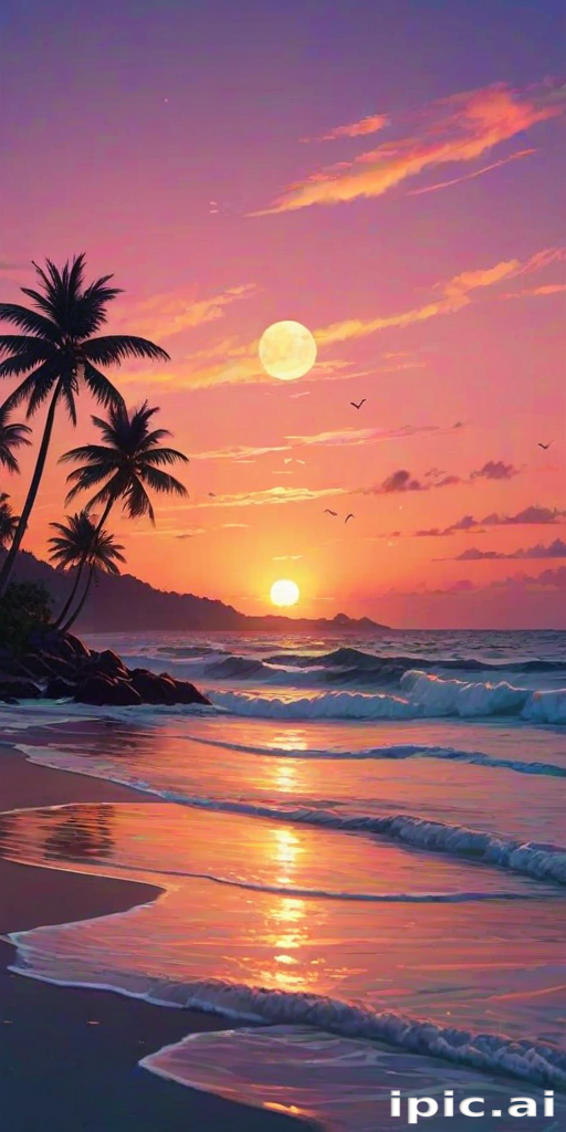 Serene Sunset Over the Ocean with Palm Trees and Gentle Waves