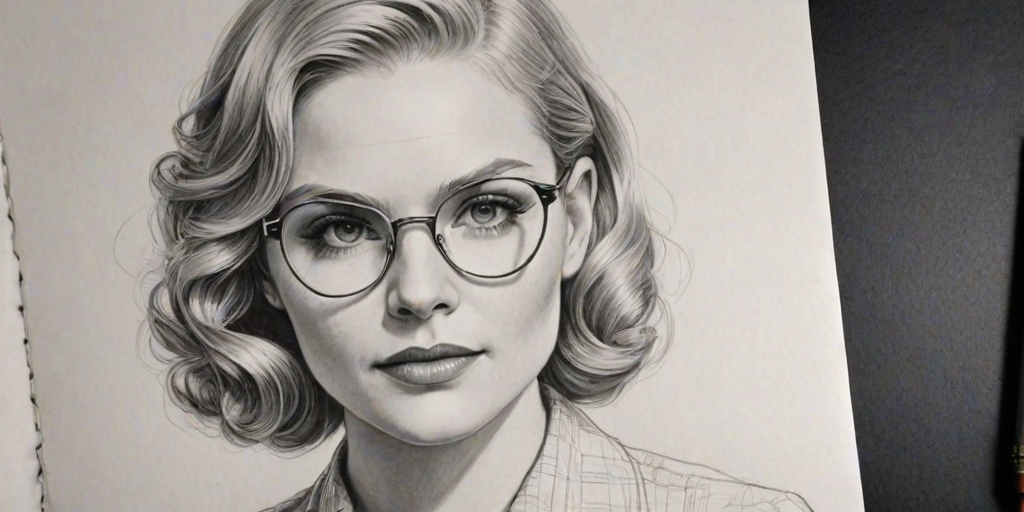 Magnificent Jennifer Morrison, pencil sketch, portrait of Fascinating woman 1930s in glasses, hair style beatnik, outline, clear lines, fine lines, 8k
