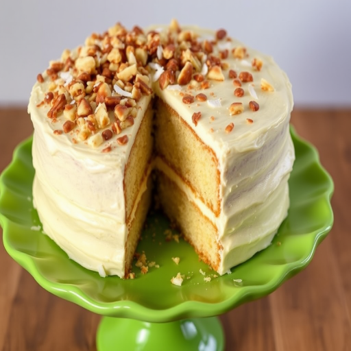 A delicious layered cake with a creamy frosting topped with chopped nuts and coconut flakes displayed on a vibrant green cake stand with a slice removed revealing the moist interior.