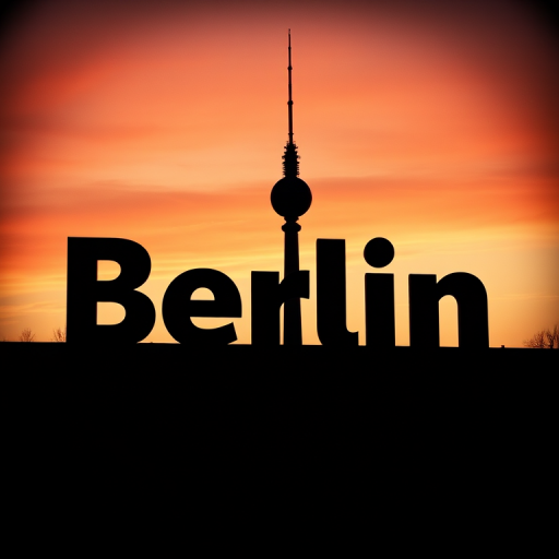 Create an artistic representation of the word "Berlin" with a silhouette of the Berlin TV Tower, using a soft focus lens, f/2.8 aperture, 50mm focal length, ISO 100, and a slight vignette effect for a warm vintage feel.
