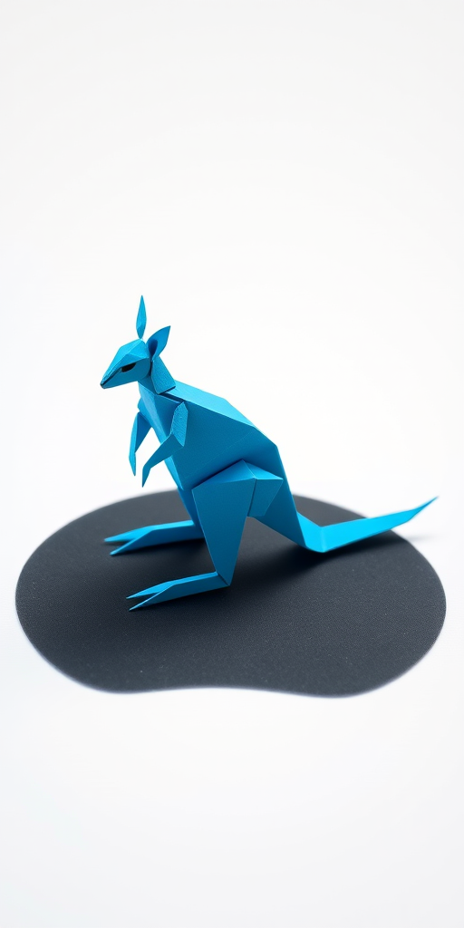 Create a high-resolution 3D rendering of a blue origami kangaroo positioned dynamically on a soft black shadow, using a DSLR camera with a 50mm lens, f/1.8 aperture, ISO 100, 1/200 sec shutter speed, top-down view, with a soft lighting setup to enhance texture and color vibrancy.