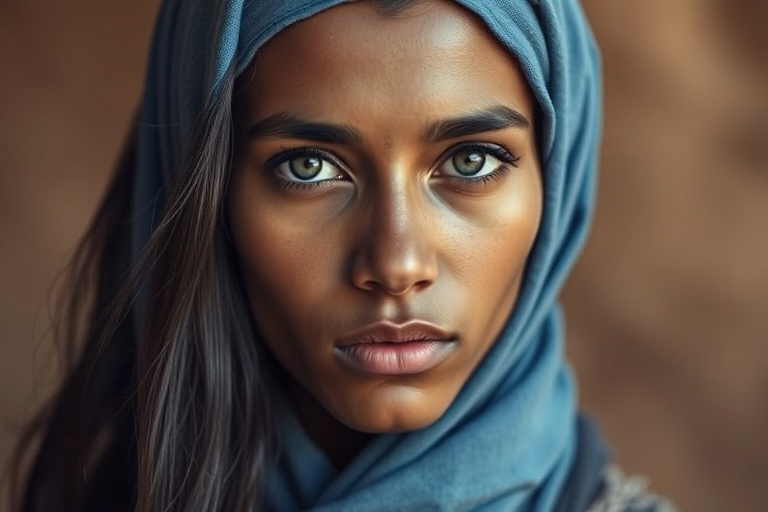 Create a portrait of a young Tuareg woman with long, dark hair and captivating hazel eyes. She is wearing a blue headscarf and a matching scarf draped gracefully around her neck. The background is softly blurred, focusing attention on her serene and natural expression. The overall color palette is muted and warm, enhancing the intimate and authentic feel of the portrait.