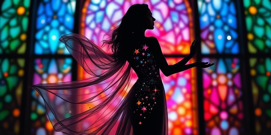 Create an ethereal silhouette of a woman with a flowing dress made of cosmic elements like stars and galaxies, set against a vibrant stained glass backdrop, captured with a DSLR camera at f/1.8 aperture, ISO 100, 50mm lens, in soft focus for a dreamy effect.