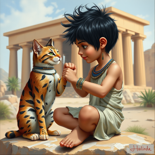 Airbrush, whimsical, glossy oil painting, hyper realism of an Ancient Egyptian boy with black messy short hair, wearing an Ancient Egyptian outfit, bare feet, sitting on a stone in front of a temple, fist bumping with his Ancient Egyptian cat, the boy and the cat looking to each other proudly.