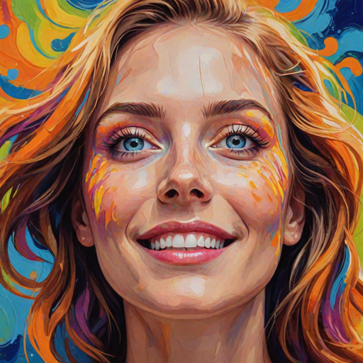 Generate a psychedelic portrait of a woman's happy face with brushstrokes of a woman smiling and looking up at the sky, emphasizing bright and bold colors. The dominant color should be deep blue, with swirling patterns of yellow, green, pink, purple and orange. open blue eyes with long eyelashes, apply an orange-yellow eyeshadow for a mesmerizing effect.