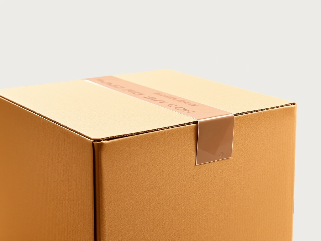 A detailed illustration of a brown cardboard box with a transparent tape seal on one side, captured with a DSLR camera at f/8 aperture, 50mm lens, ISO 100, under soft lighting in a studio setup.
