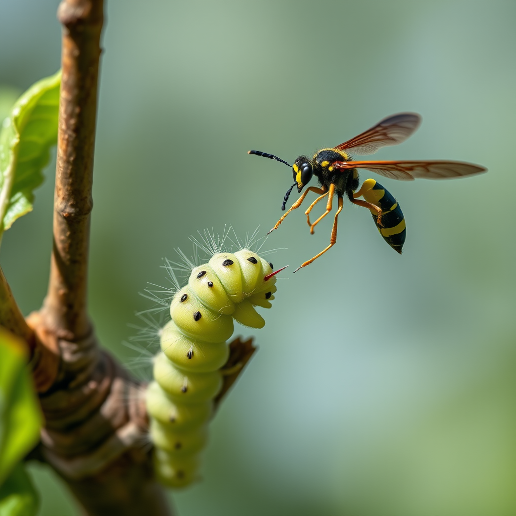 Spectacular photography, 300dpi, digital noise free, extremely clear, ultra-realistic, inside focus, best angle view, with intricate details of a small and tiny Cabbage Butterfly Caterpillar (Pieris Brassicae), standing on a branch of a tree, partially covered with green leaves. A large and majestic parasitic wasp (Torymus sinensis), flying over the caterpillar, right in front of the caterpillar with its body arched and the sting completely out of its abdomen pointing at the caterpillar's body and prepared in an attacking and aggressive position, stares at it and watches stealthily. Both within focus . Proportion of size. Light of day. National Geographic style