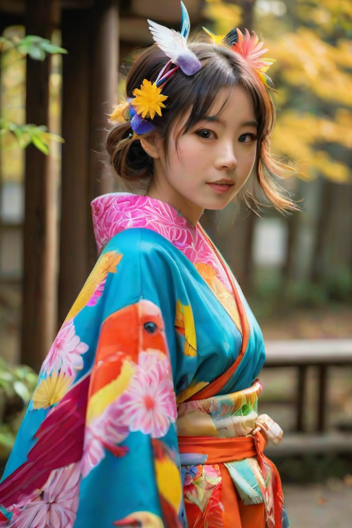 A beautiful Japanese girl, wearing colorful bird clothing with vibrant colors
