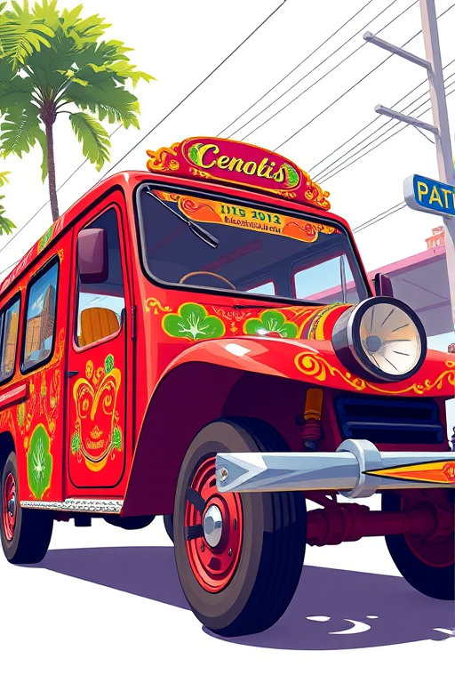 Create a vibrant illustration of a red jeepney with colorful designs and patterns, using a high-resolution digital format, shot from a low angle to emphasize its unique shape, with soft shadows for depth, in a realistic style with a focus on detail and texture.