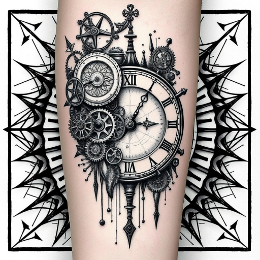 Surrealist blackwork tattoo called "Temporal Illusion" portraying a melting clock face intertwined with anatomically correct gears and cogs, juxtaposed against a backdrop of stark geometric patterns, creating a powerful visual metaphor for the passage of time, ideal for forearm or calf placement