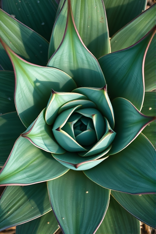 macro shot of an agave plant with intricate leaf patterns, natural lighting, f/2.8 aperture, 50mm lens, ISO 100, top-down view, DSLR camera, high resolution