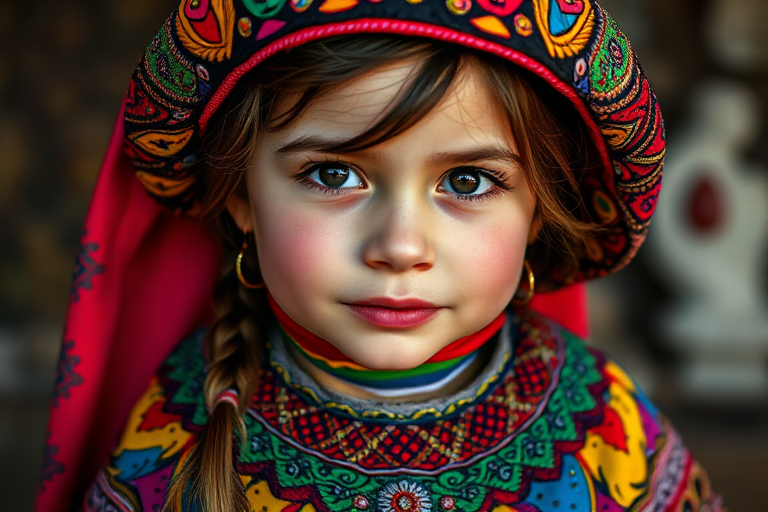 A beautiful Afghan girl, wearing colorful bird clothing with vibrant colors