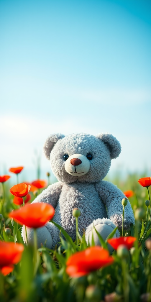 A cute gray teddy bear sitting in a green meadow with red poppies under a blue sky, shot with a 50mm lens, f/2.8 aperture, ISO 100, with soft focus background and natural lighting, using a DSLR camera.