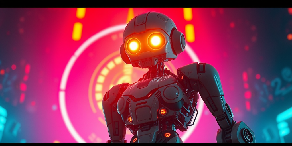 Create a detailed illustration of a futuristic robot with glowing eyes and intricate mechanical parts standing against a vibrant, glowing background, captured with a Canon EOS R5, 50mm lens, f/1.8 aperture, ISO 200, in a low-angle view to emphasize its stature and details, using a cinematic style for a dramatic effect.