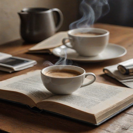 Close-up of a well-loved book with pages slightly curled, resting on a wooden table, soft natural light illuminating the cover and a steaming cup of coffee beside it.
