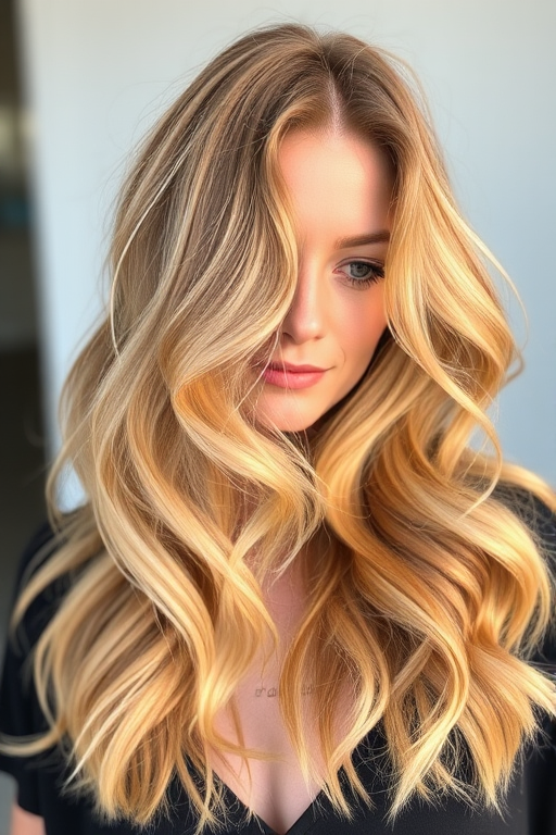 Luminous honey blonde beach waves with sun-kissed highlights, crafted by Sandy Shore, exhibiting a natural, effortless look with soft tendrils framing the face and subtle lowlights for depth