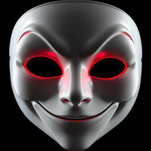 A detailed close-up image of a white theatrical mask characterized by unique features. It has crescent-shaped eyes that emit an ominous glowing red light, coupled with a broad smile that adds to its mysterious charm. The mask has a flat nose which blends naturally into its form. The mask is set against a stark black background, enhancing its striking white color. The eyes of the mask seem to mimic a full eclipse, creating an engaging dichotomy of darkness and light. The mask presents a traditionally masculine archetype with squinted eyes.
