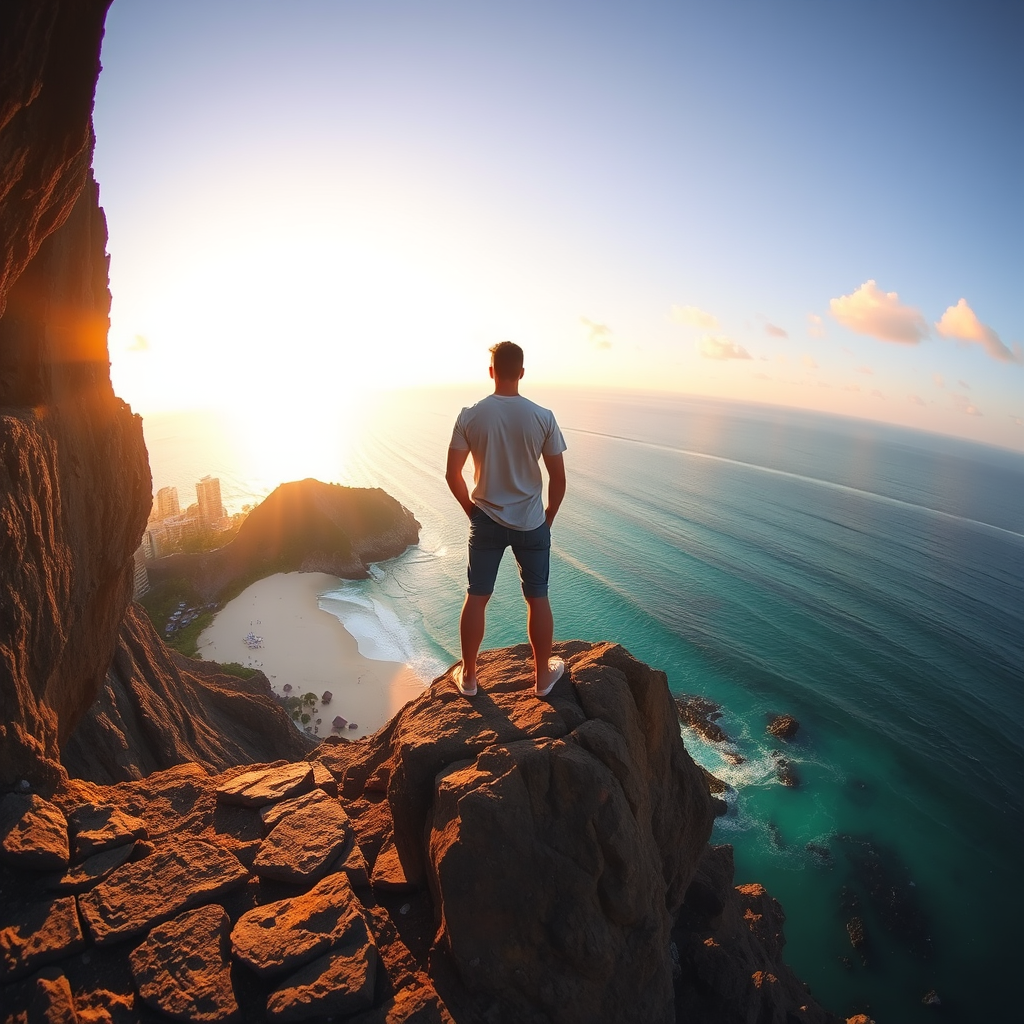 A man standing on a rocky cliff overlooking a tropical beach and ocean, golden hour lighting, wide-angle lens, f/11 aperture, ISO 100, shot with a DSLR camera at a 24mm focal length, cinematic style.