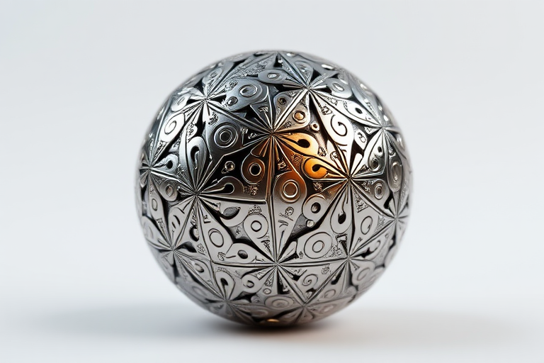 Create a 3D render of a metallic sphere with intricate patterns, using a Canon EOS R5 camera, aperture f/8, ISO 100, shutter speed 1/125, 50mm lens, soft studio lighting, and a slight low angle view to emphasize texture and details.