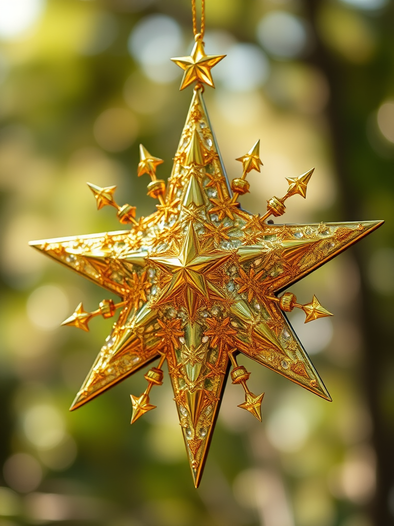 Create a detailed image of a large golden star composed of numerous smaller golden stars, high resolution, 50mm lens, f/1.8 aperture, soft focus background, natural lighting.