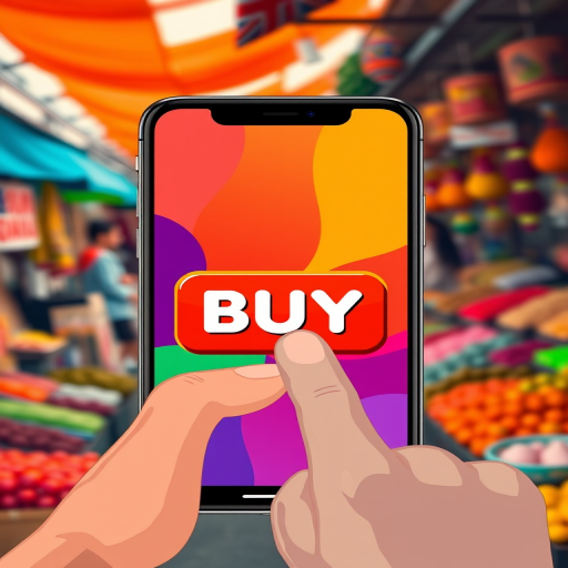 Create an illustration of a smartphone with a colorful screen displaying a large "BUY" button, a hand pressing the button, set in a vibrant street market background, shot with a 50mm lens at f/1.8, ISO 100, 1/125s, with overhead natural lighting and a shallow depth of field to enhance focus on the smartphone.