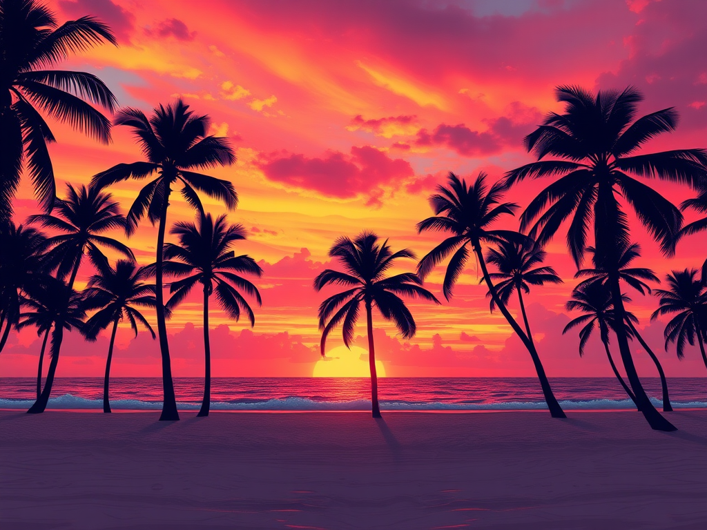 Generate a vibrant digital illustration of a tropical beach scene at sunset with palm trees silhouetted against a colorful sky, emphasizing warm hues of orange, pink, and purple, using a digital art style with a high-resolution finish, set at 300 DPI, in a panoramic view, simulating a Canon EOS 5D Mark IV, with an aperture of f/8 to enhance depth of field.