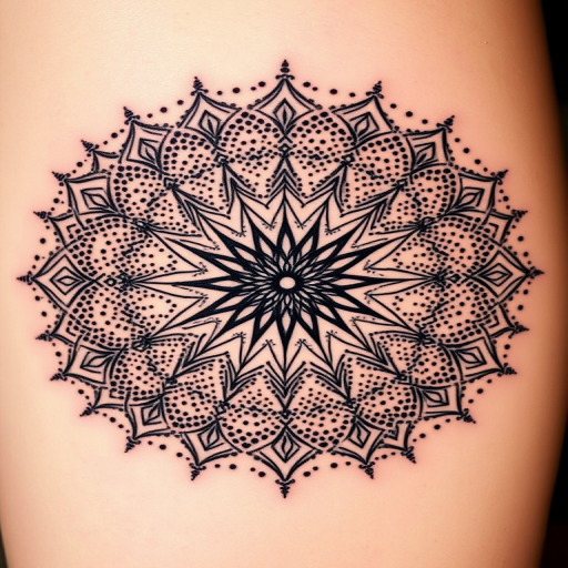 Dotwork mandala tattoo named "Cosmic Harmony" featuring an intricately detailed circular design composed of thousands of tiny dots radiating outward from a central point creating mesmerizing patterns and sacred geometry motifs with gradual fading effects and negative space incorporated to enhance the overall depth and dimension of the piece