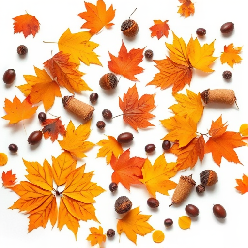 Generate a vivid illustration of autumn leaves, acorns, and berries scattered on a white background, using a Canon EOS R5 with a 50mm f/1.2 lens, aperture set to f/2.8, ISO 100, shot from a top-down view with a high dynamic range style.