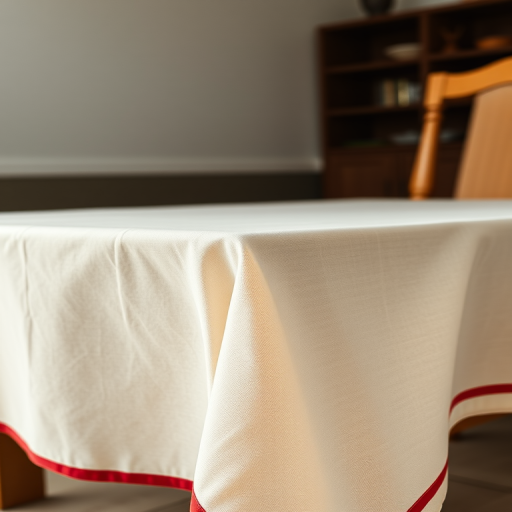 A wooden table with a cream-colored tablecloth and red trim, captured from a low angle using a DSLR camera, aperture f/2.8, shutter speed 1/60s, ISO 100, in natural lighting to enhance texture and depth.