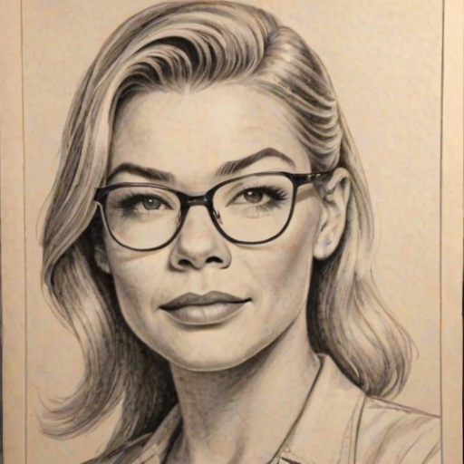 Comely LeAnn Rimes, pencil sketch, portrait of Dazzling woman 1958s in glasses, hair style beatnik, outline, clear lines, fine lines, 8k
