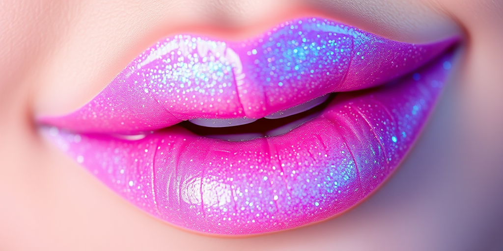 Whimsical "Fairy Dust" iridescent lip gloss with holographic sparkles, transforming from pink to blue depending on light, enchanting and playful