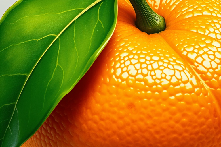 Create a vibrant digital illustration of an orange with a textured surface and a green leaf on top, use a high-resolution setting of 300 DPI, a close-up view, a painterly style reminiscent of traditional oil painting, and simulate a Canon EOS 5D Mark IV for crisp detail and rich colors.