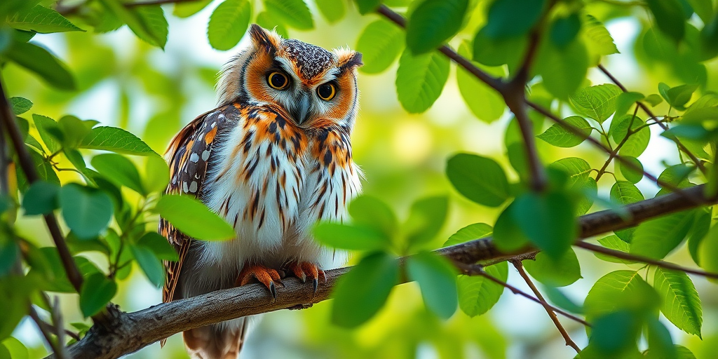 Regenerate a vibrant watercolor painting of an owl perched on a tree branch, surrounded by lush green leaves, using a Canon EOS R5, 85mm f/1.2 lens, aperture f/2.8, ISO 100, natural light, high-resolution detail, and a soft focus background.