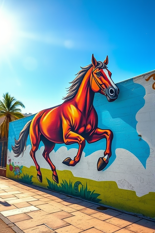 capture a vivid street art mural of two horses running along a wall, with a background of a clear blue sky and sunlit scene, taken with a DSLR camera, 35mm lens, aperture f/8, shutter speed 1/250s, ISO 200, high dynamic range for enhanced details