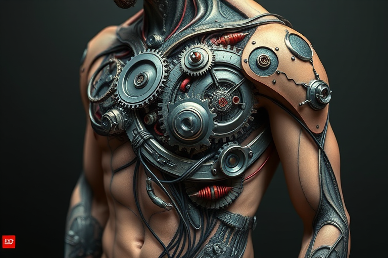 Realistic 3D biomechanical tattoo titled "Cybernetic Evolution" depicting metallic gears, wires, and circuitry seamlessly merging with human anatomy creating an illusion of exposed inner workings