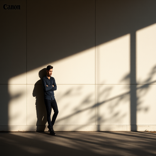 Create an artistic representation of a solitary figure leaning against a wall with abstract shadows, using a Canon EOS R5 with a 50mm f/1.2 lens, aperture set to f/4 for sharpness, ISO 100 for minimal noise, soft natural lighting for a serene atmosphere, and a shallow depth of field to emphasize the figure and shadows.