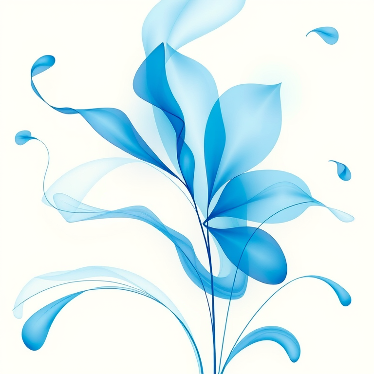 Generate an abstract floral design featuring flowing blue shapes on a light background, captured with a DSLR camera at f/8 aperture, 50mm lens, ISO 100, in a natural light setting for enhanced color saturation and detail.