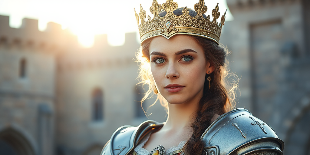 Create a high-resolution portrait of a young woman dressed as a medieval queen, wearing a metallic armor top and a regal crown, with soft sunlight illuminating her face, set against a blurred castle background, using a 50mm lens at f/1.8, ISO 100, and natural light for a cinematic effect.