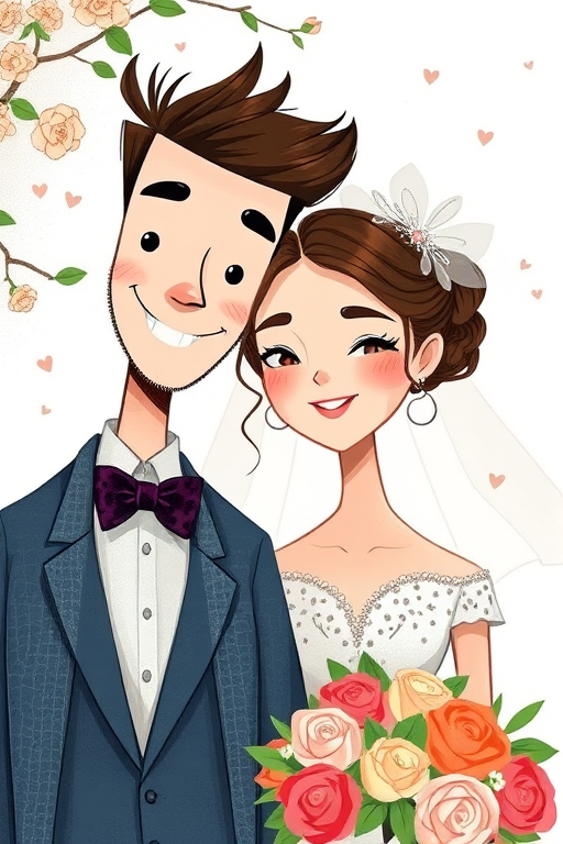 Create a high-resolution illustration of a bride and groom in a whimsical style, using a Canon EOS R5 with a 50mm f/1.2 lens, aperture set to f/2.8, shot in portrait orientation, with soft natural lighting to enhance colors and details.