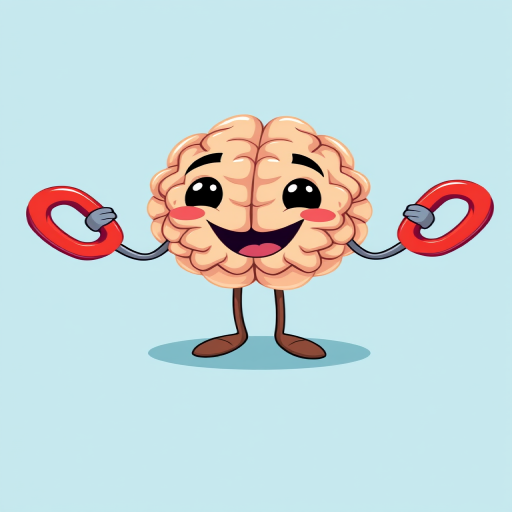 Create a playful illustration of a cartoon brain with cartoonish arms holding red magnets, set against a light blue background, with a slight swirl effect beneath it, using a Canon EOS R5, 50mm lens, f/1.8 aperture, ISO 100, shot in vibrant colors and high contrast for clarity.
