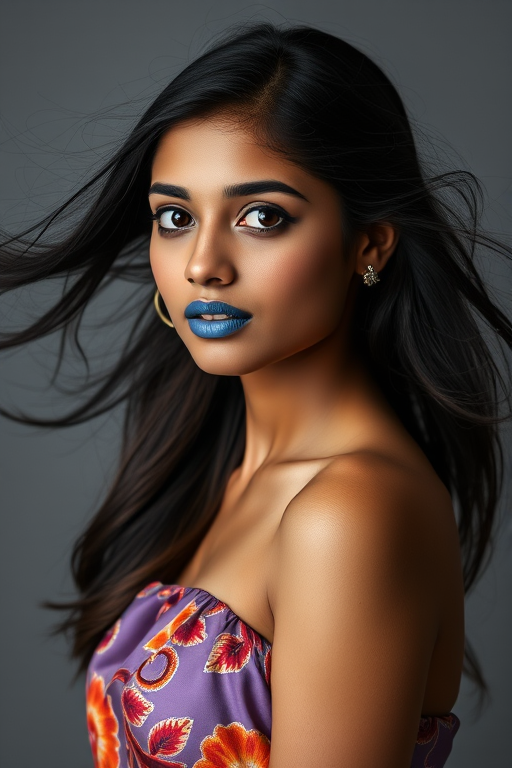 Photographic image of a beautiful young Pakistani woman, brown eyes, lips with blue lipstick, long hair fluttering in the wind and wearing a silk strapless dress with a soft purple and orange print. monochrome image with only color highlights in the iris of the eyes, lipstick and dress. Gray background.