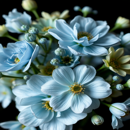 create a high-resolution floral arrangement featuring soft blue and muted green tones on a black background, using a macro lens with f/2.8 aperture, 50mm focal length, and natural light to enhance textures and colors.